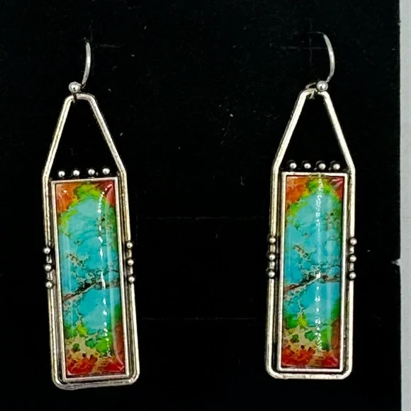 NWOT Boho Silver Tone & Imitation Turquoise Drop Fashion Earrings - Picture 2 of 4